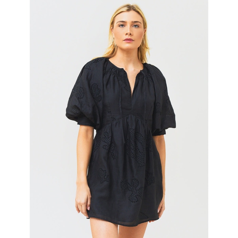 Frame Eyelet Puff Sleeve Mini Dress Noir Black Ramie Cotton V-Neck Tie S